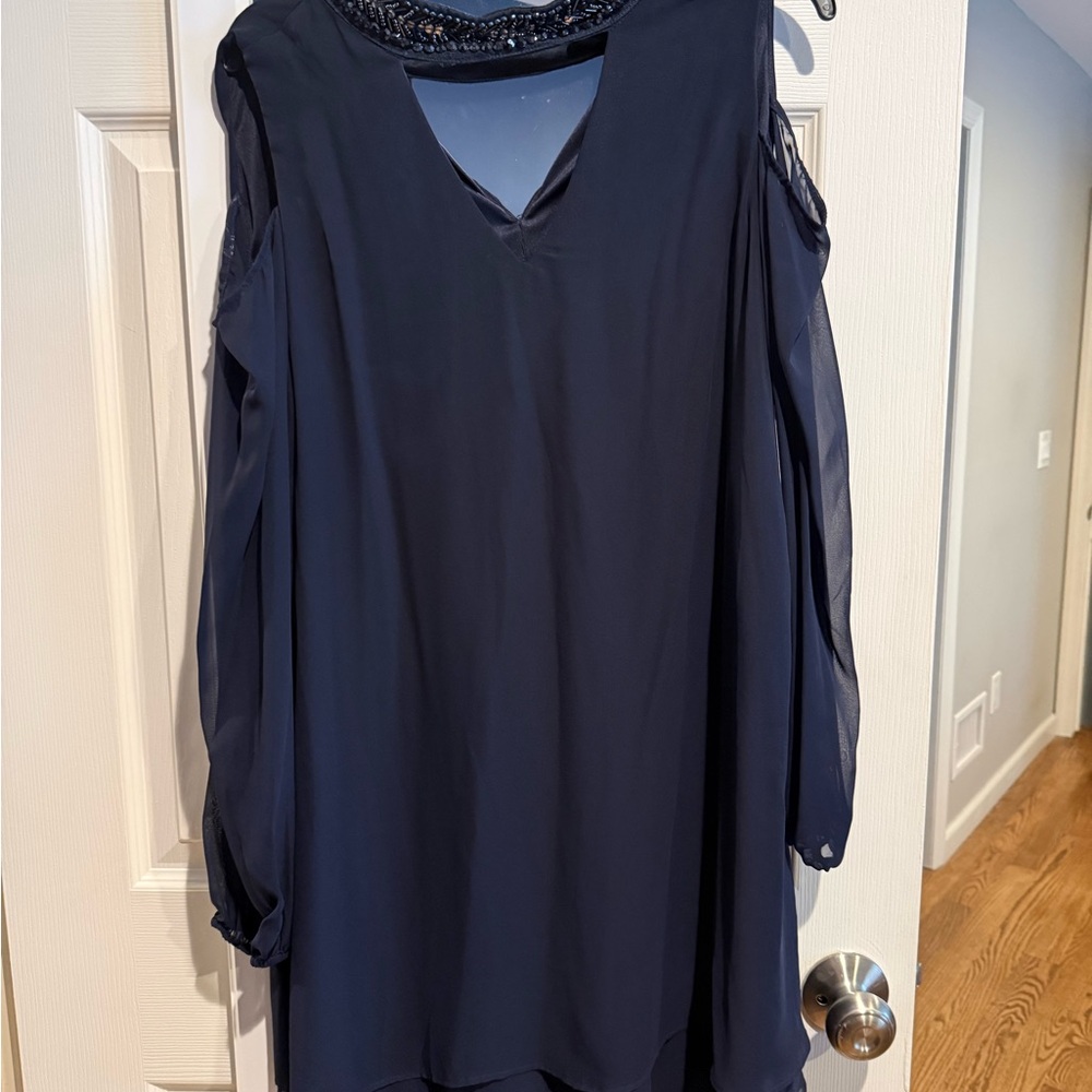 Xscape Navy Women's Blouse with Sheer Sleeves